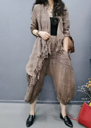Retro Chocolate V Neck Tasseled Wrinkled Linen Coats And Lantern Pants Two Pieces Set Spring