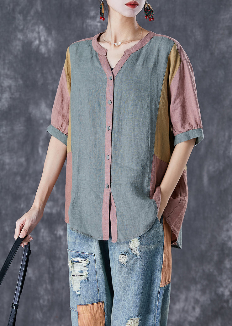 Retro Colorblock V Neck Patchwork Linen Shirt Tops Summer