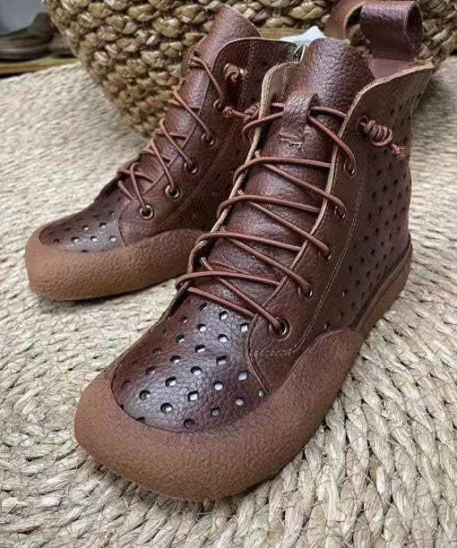 Retro Comfortable Brown Boots Splicing Hollow Out Lace Up