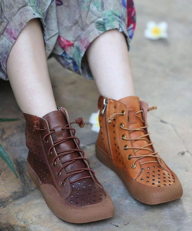 Retro Comfortable Brown Boots Splicing Hollow Out Lace Up