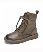 Retro Cross Strap Splicing Flats Shoes Khaki Cowhide Leather