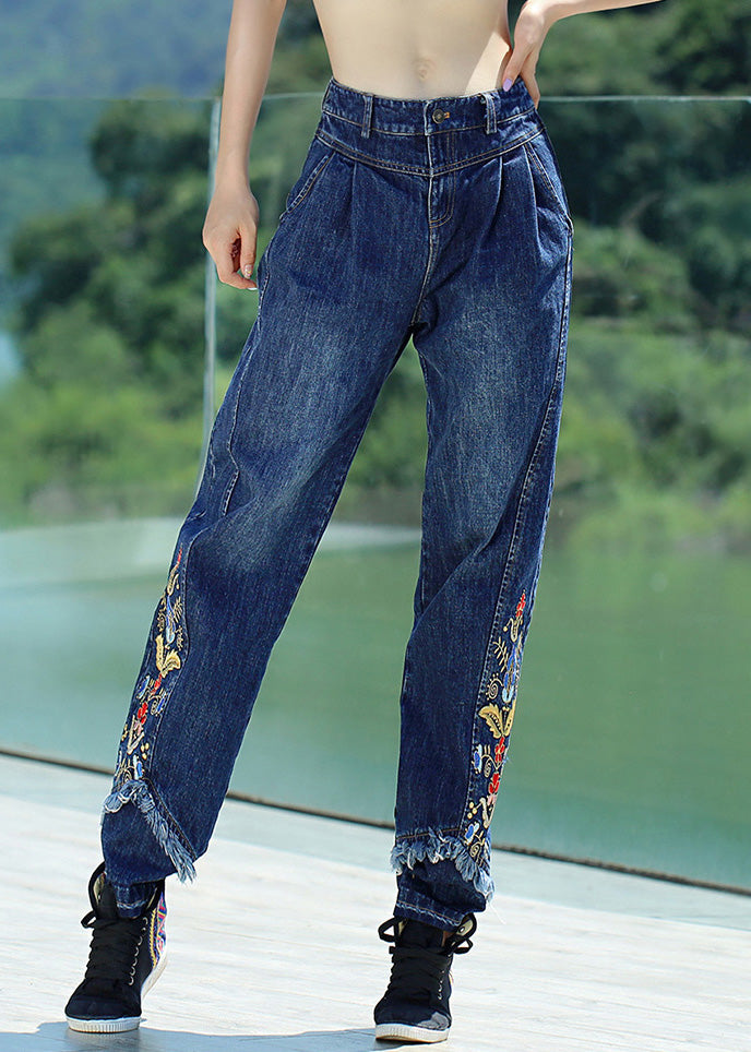 Retro Denim Blue Button Embroidered Floral Straight Pants Spring