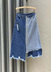 Retro Denim Blue High Waist Patchwork Button Asymmetrical Skirts