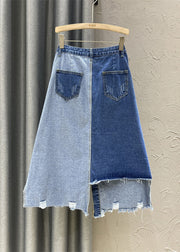 Retro Denim Blue High Waist Patchwork Button Asymmetrical Skirts