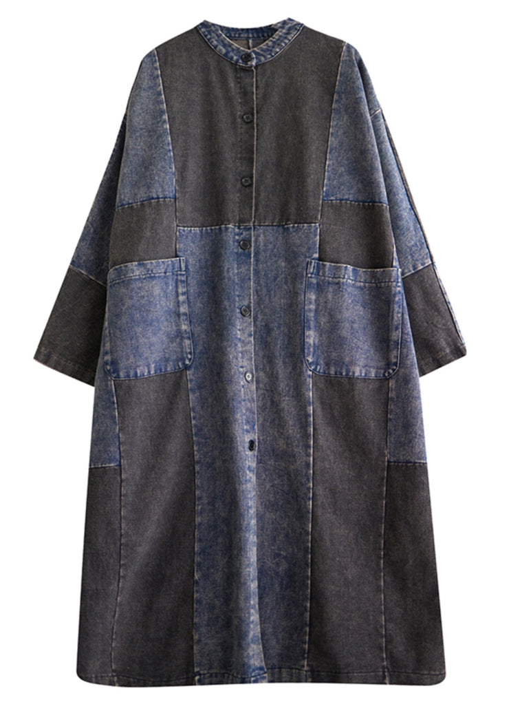 Retro Denim Blue Pockets Patchwork Button Long Trench Coats Long Sleeve