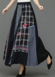 Retro Embroidered Floral Pockets Plaid Patchwork Elastic Waist Skirts Fall