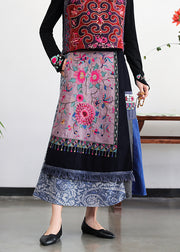 Retro Embroidered Pockets Floral Elastic Waist Cotton A Line Skirt Fall