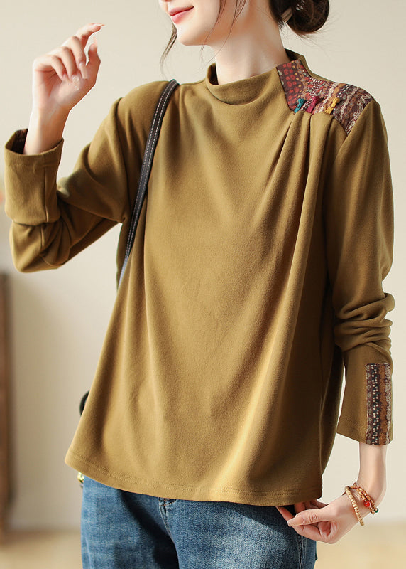 Retro Ethnic Style Yellow Print Patch T Shirt top Autumn