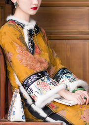 Retro Faux Fur Collar Embroidered Button Side Open Silk Cheongsam Long Sleeve