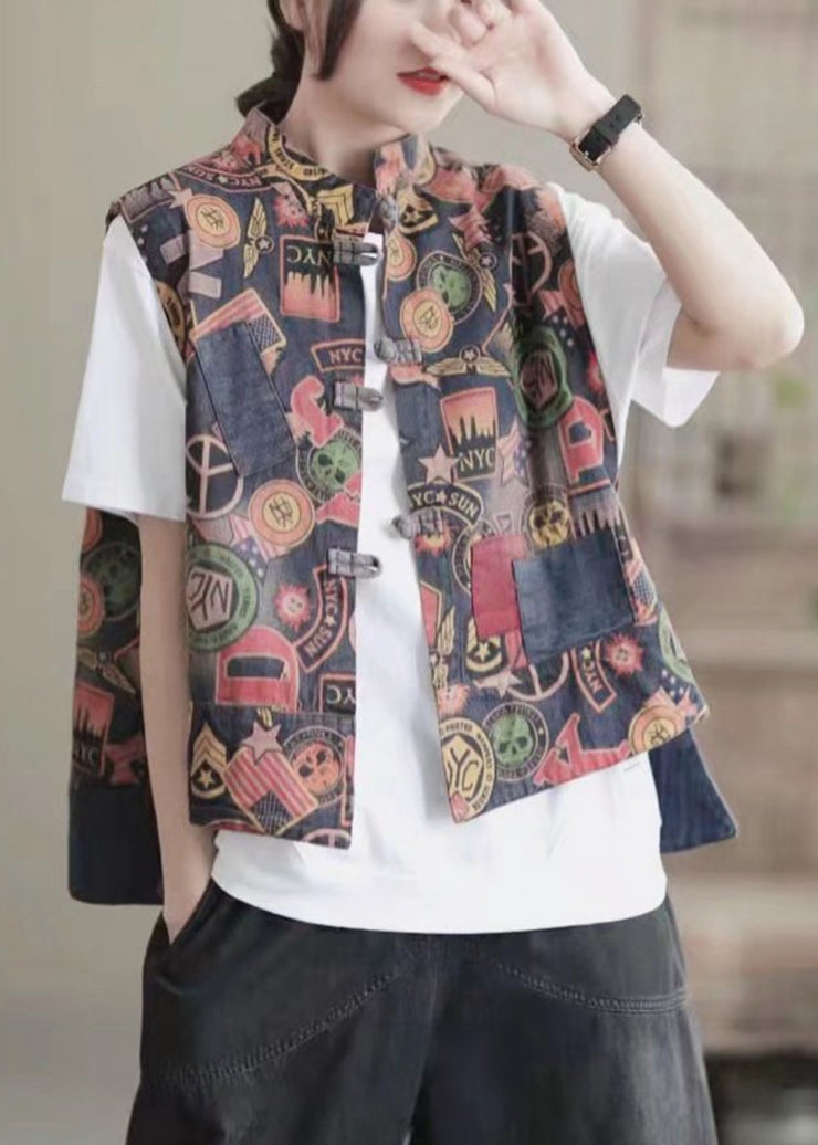 Retro Floral Colour Stand Collar Print Button low high design Waistcoat Sleeveless