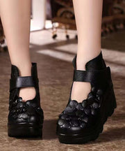 Retro Floral Splicing Platform High Heels Black Cowhide Leather