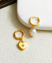 Retro Gold Copper Overgild Asymmetricar Zircon Glass Pearl Heart Hoop Earrings