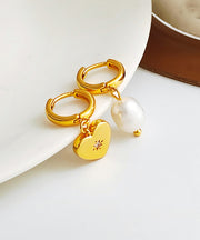 Retro Gold Copper Overgild Asymmetricar Zircon Glass Pearl Heart Hoop Earrings