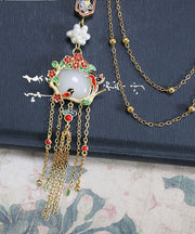 Retro Gold Overgild Pearl Jade Floral Little Bird Tassel Brooch