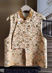 Retro Gold Stand Collar Jacquard Patchwork Silk Vest Sleeveless