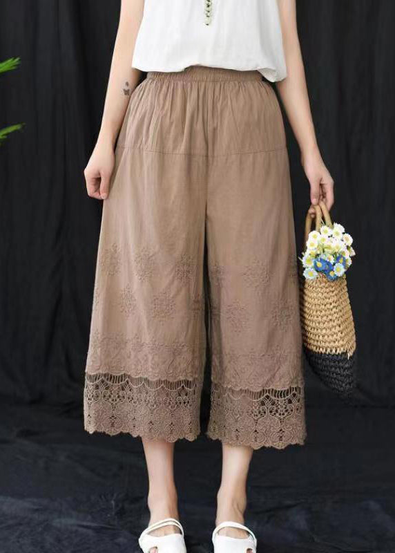 Retro Grayish Blue Hollow Out Embroideried Wide Leg Crop Pants Summer