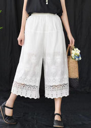 Retro Grayish Blue Hollow Out Embroideried Wide Leg Crop Pants Summer