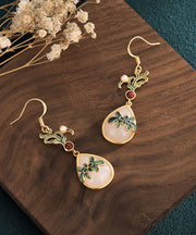 Retro Green Ancient Gold Jade Agate Cloisonne Drop Earrings