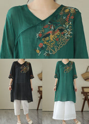 Retro Green Embroidered Patchwork Linen Mid Dresses Summer