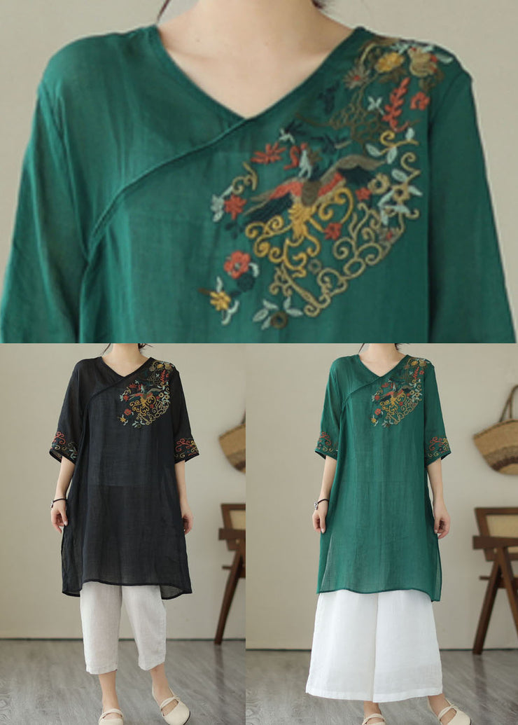 Retro Green Embroidered Patchwork Linen Mid Dresses Summer