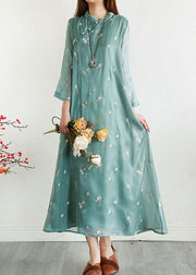 Retro Green Embroidered Patchwork Long Silk Dresses Summer