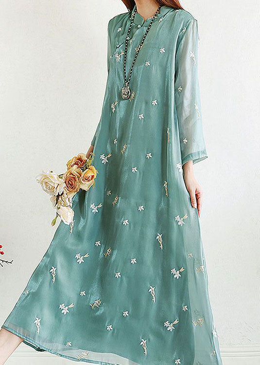 Retro Green Embroidered Patchwork Long Silk Dresses Summer
