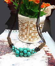 Retro Green Faux Leather Turquoise Graduated Bead Necklace