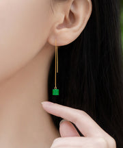 Retro Green Gold Plated Jade Drop Earrings