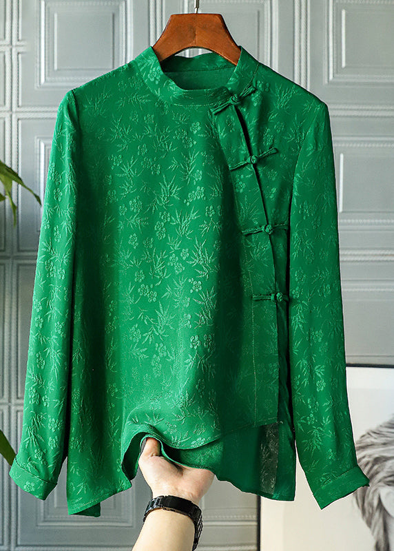 Retro-grüner Stehkragenknopf asymmetrisches Design Jacquard-Seidenhemden Frühling