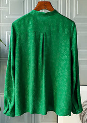 Retro-grüner Stehkragenknopf asymmetrisches Design Jacquard-Seidenhemden Frühling