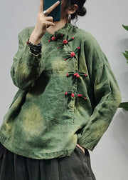 Retro Green Mandarin Collar Print Linen Pullover Top Long Sleeve