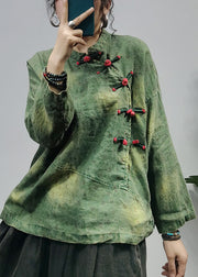 Retro-grünes Leinen-Pullover mit Stehkragen und langen Ärmeln