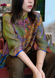 Retro Green Mandarin Collar Print Side Open Silk Oriental Shirts Bracelet Sleeve