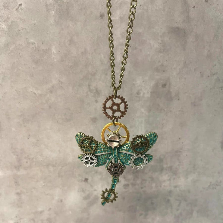 Retro Green Metal Alloy Gear Dragonfly Pendant Necklace
