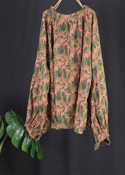 Retro Green O Neck Print Patchwork Linen Shirt Top Spring