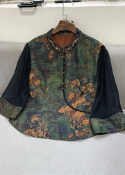 Retro Green Peter Pan Collar Button Print Patchwork Silk Shirt Spring