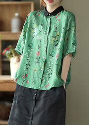 Retro Green Peter Pan Collar Print Button Linen Shirts Half Sleeve