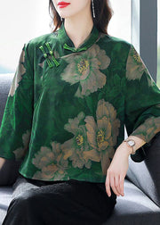 Retro Green Print Chinese Button Silk Blouses Flare Sleeve