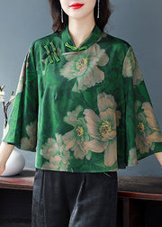 Retro Green Print Chinese Button Silk Blouses Flare Sleeve