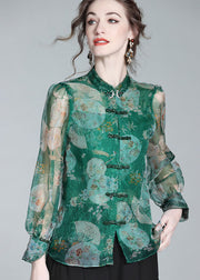 Retro Green Print Patchwork Zircon Chinese Button Silk Blouse Top Spring