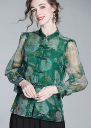 Retro Green Print Patchwork Zircon Chinese Button Silk Blouse Top Spring
