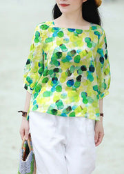Retro Green Square Collar Print Patchwork Cotton Tops Summer