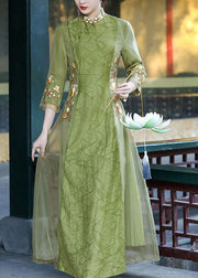 Retro Green Stand Collar Embroidered Patchwork Silk Dresses Spring