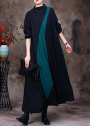 Retro Green Stand Collar Patchwork Silk Ankle Dress Long Sleeve
