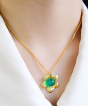 Retro Green Sterling Silver Inlaid Jade Floral Pendant Necklace
