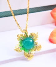 Retro Green Sterling Silver Inlaid Jade Floral Pendant Necklace