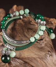 Retro Green Sterling Silver Jade Green Agate Tiger's Eye Charm Bracelet
