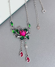 Retro Green Sterling Silver Lotus Tassel Pendant Necklace