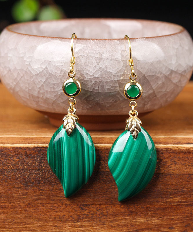 Retro Green Sterling Silver Overgild Inlaid Gem Stone Drop Earrings