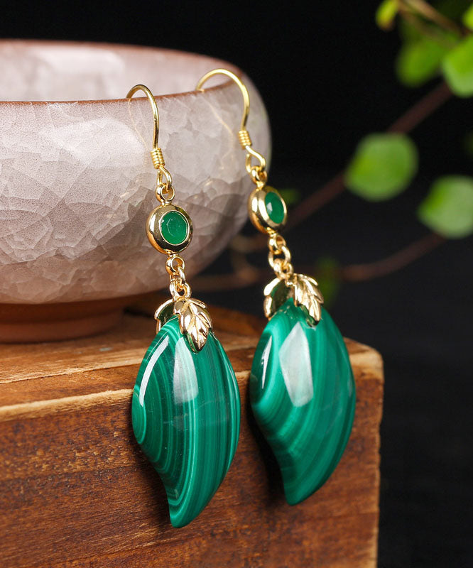 Retro Green Sterling Silver Overgild Inlaid Gem Stone Drop Earrings